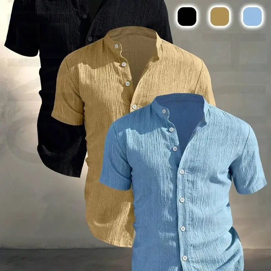 3 pezzi di camicie casual da uomo a maniche corte con colletto rialzato, estive, leggere, traspiranti, tinta unita, con bottoni