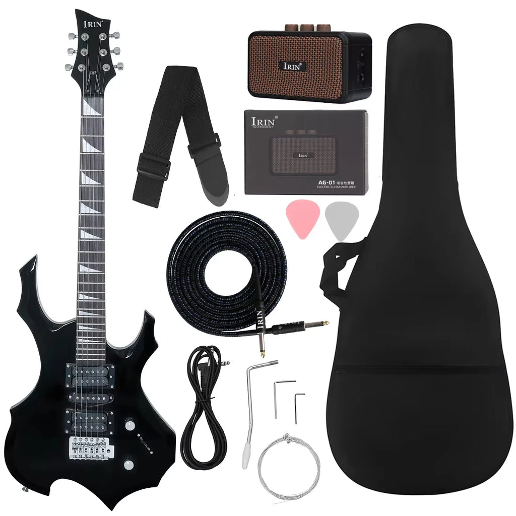 IRIN Flame Set elettrico nero 24 tasti Chitarra elettrica con manico in acero con plettri Tracolla per amplificatore Linea di collegamento Accessori per chitarra