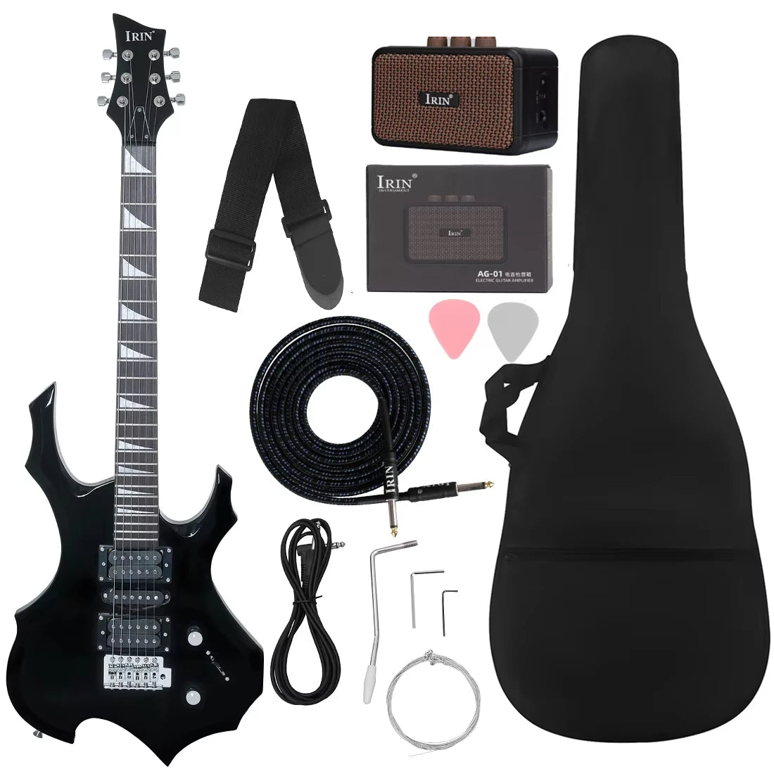 IRIN Flame Set elettrico nero 24 tasti Chitarra elettrica con manico in acero con plettri Tracolla per amplificatore Linea di collegamento Accessori per chitarra
