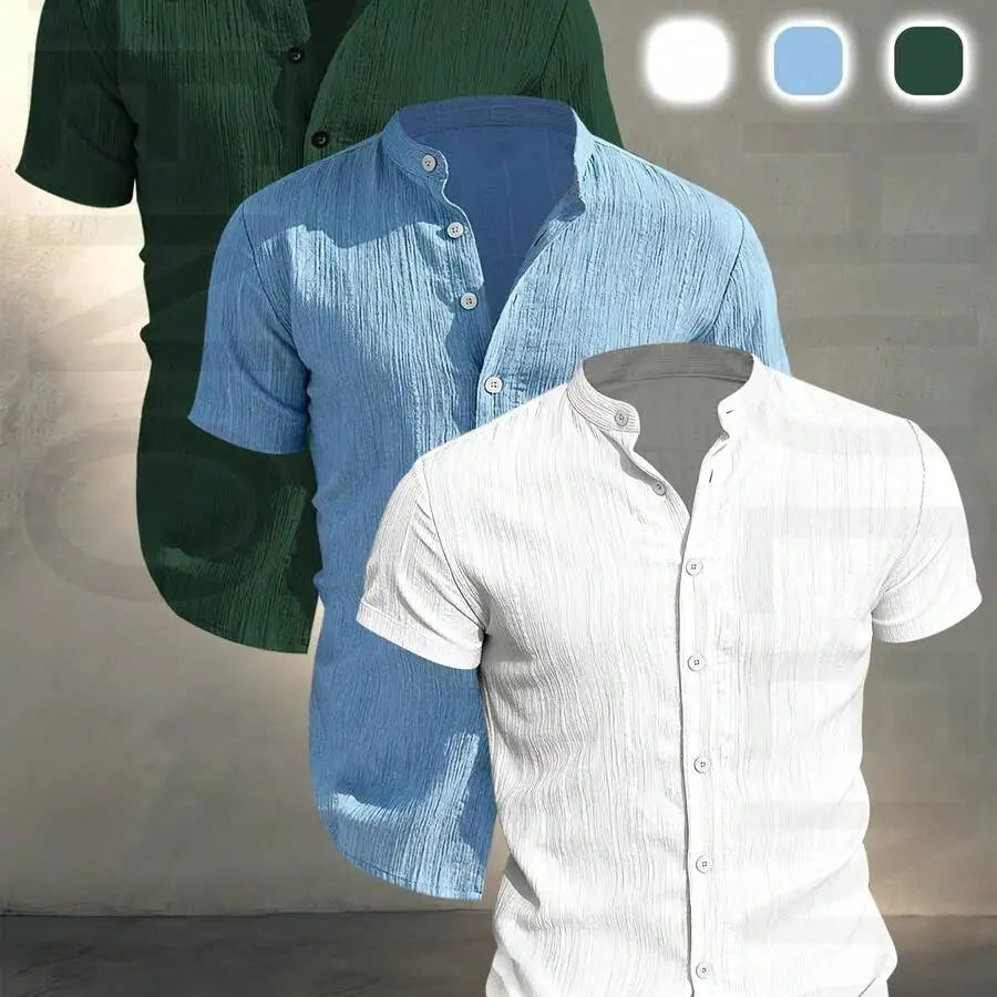 3 pezzi di camicie casual da uomo a maniche corte con colletto rialzato, estive, leggere, traspiranti, tinta unita, con bottoni