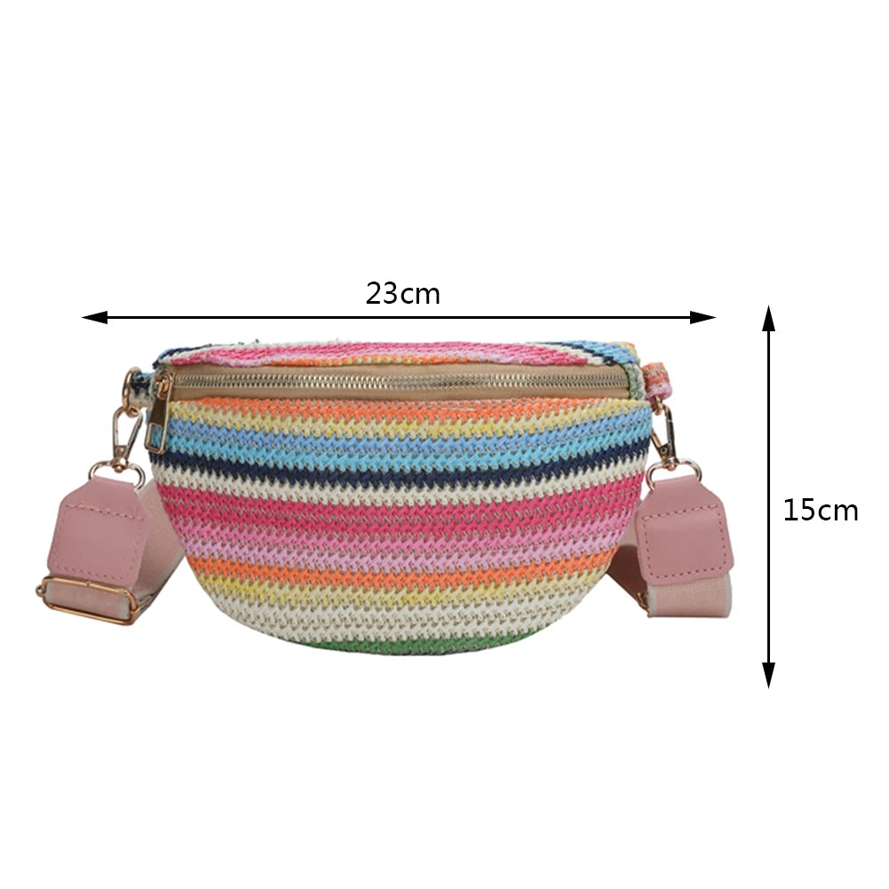 Marsupio a righe arcobaleno, marsupio da donna alla moda, borsa a tracolla intrecciata, casual, con tracolla regolabile, semplice, portatile, colorato, per weekend e vacanze