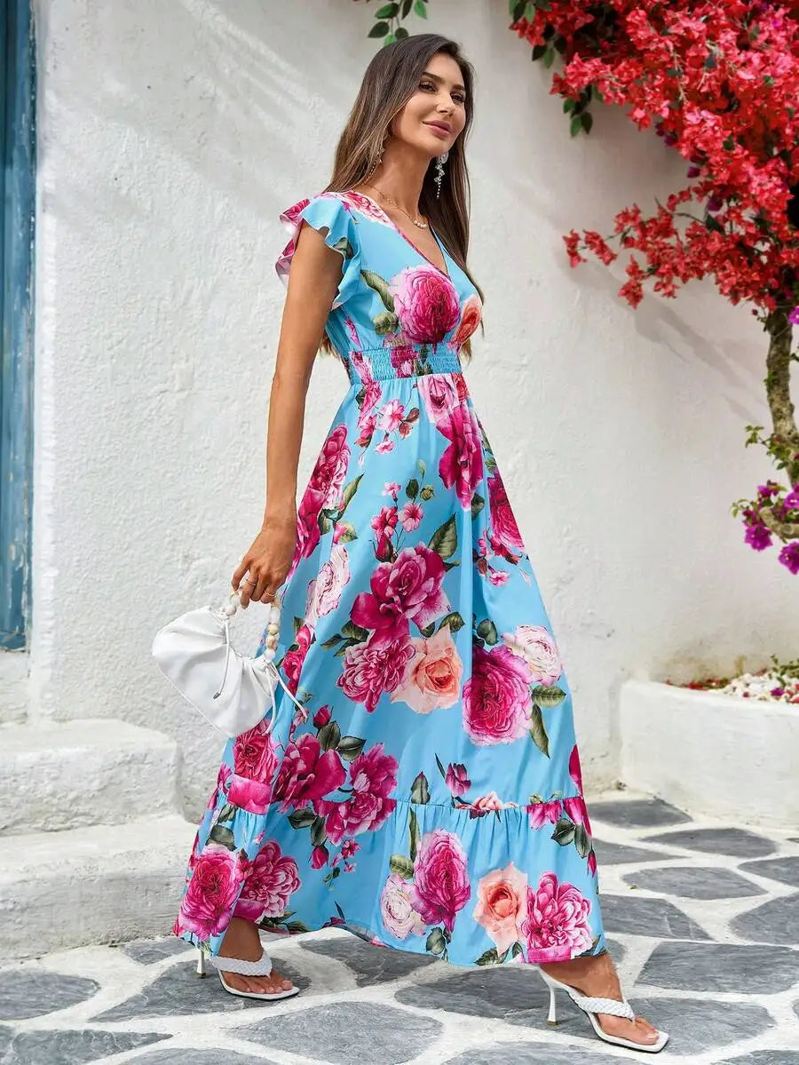Abito lungo con stampa floreale, maniche a volant e scollo a V, stile estivo per le vacanze