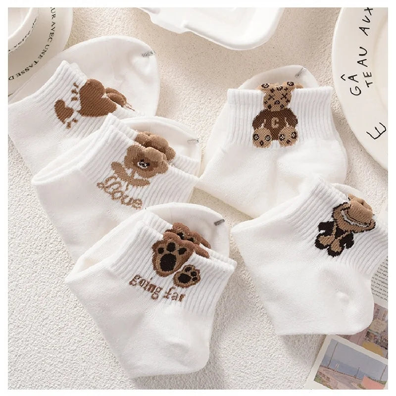 5 paia di calzini da donna con motivo orsetto di peluche, versatili, alla moda, creativi, traspiranti, comodi, casual