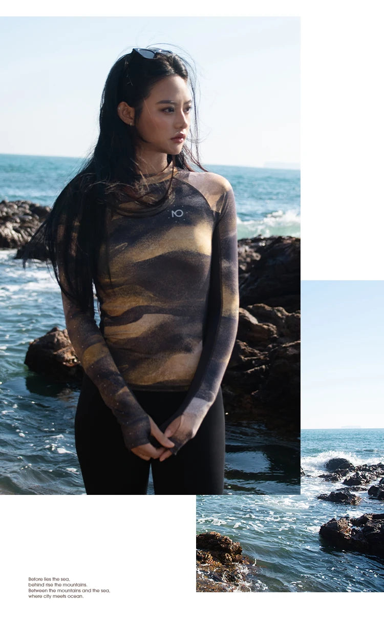 Nuovo Set Rashguard da Donna Nu-June a Maniche Lunghe ad Asciugatura Rapida con Protezione UV, Top da Nuoto con Pantaloncini, Costume da Spiaggia, Surf e Immersione