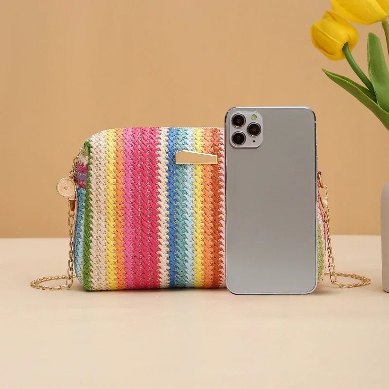 Borsa di paglia da donna in maglia di Rattan borsa da spiaggia con catena estiva piccola borsa e borsa a tracolla da donna borsa a tracolla con Design da viaggio