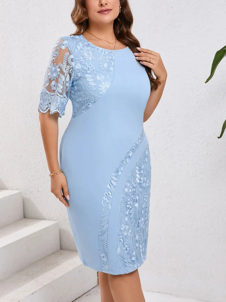GIBSIE Plus Size Pizzo ricamato Mezza manica O-Collo Abito da donna Estate Autunno Cocktail Party Elegante aderente Abiti longuette