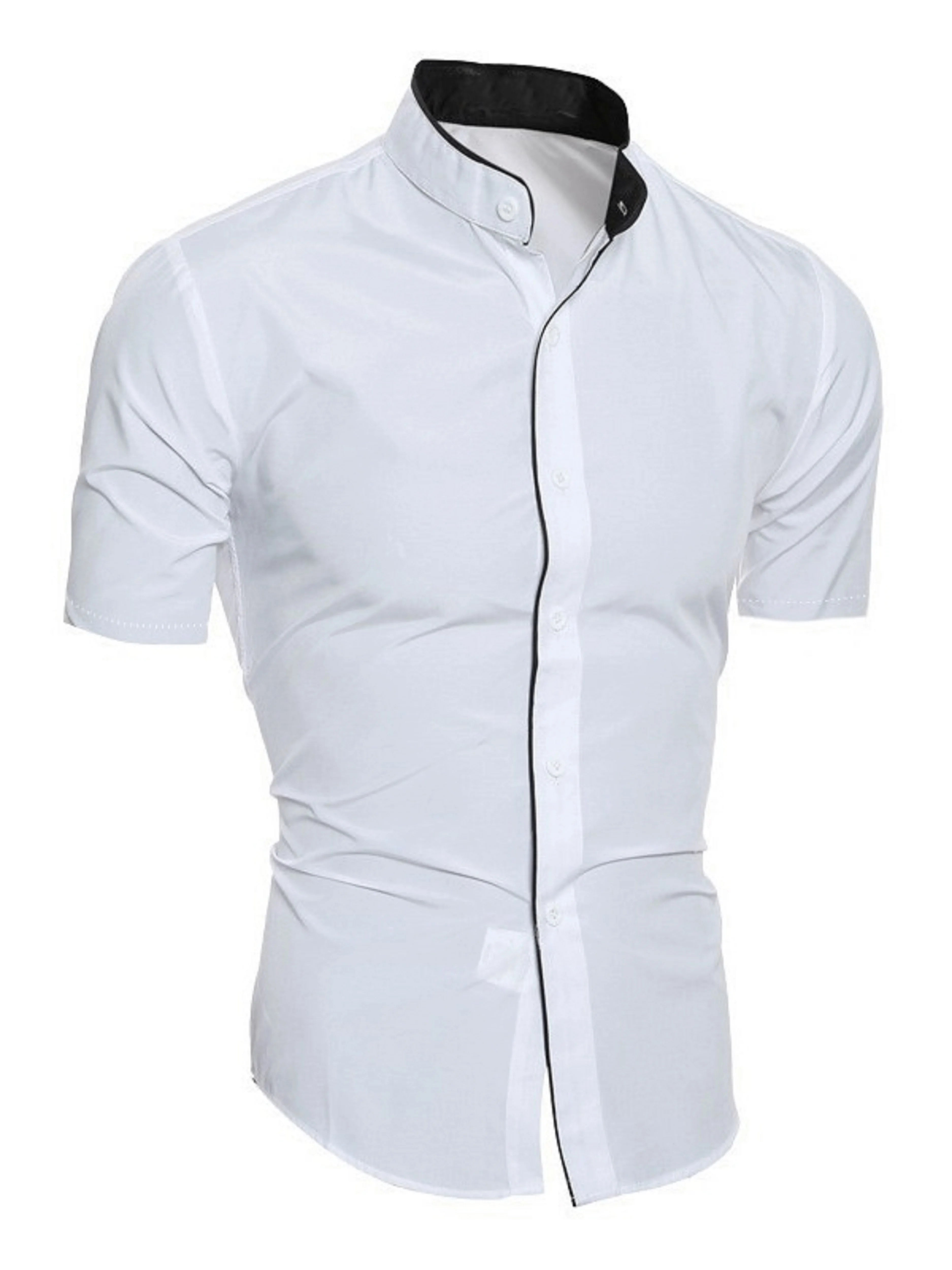 Camicia estiva da uomo alla moda casual a maniche corte, top con colletto rialzato in tinta unita da uomo slim comodo e traspirante