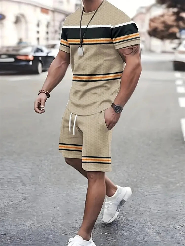 Boutique uomo estate Casual sport manica corta vestito semplice Splicing stampato girocollo T Shirt coulisse tasca pantaloncini vestito