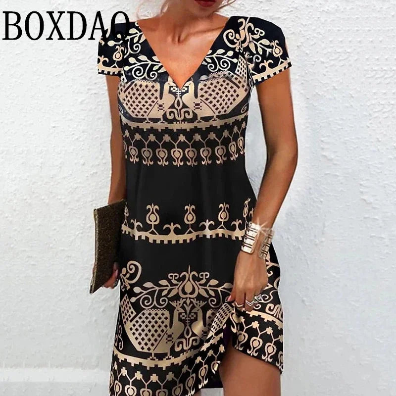 Abito Vintage con stampa etnica per donna 2024 scollo a v manica corta abiti larghi taglie forti abito floreale Casual moda prendisole