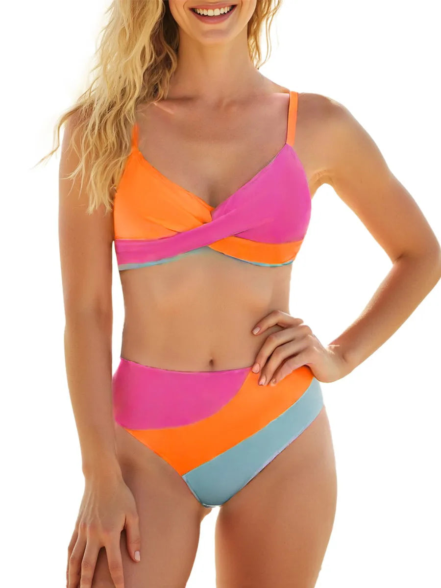 Set bikini da donna 2 pezzi patchwork scollo a V senza maniche top perizoma costume da bagno da spiaggia per donna
