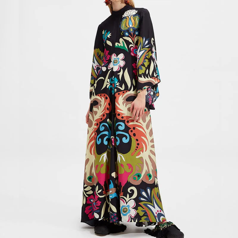 Elegante Abito Lungo a Maniche Lunghe per Feste, Vestito Vintage con Stampa Floreale, Abito Bohémien da Donna con Collo Alto e Vita Alta