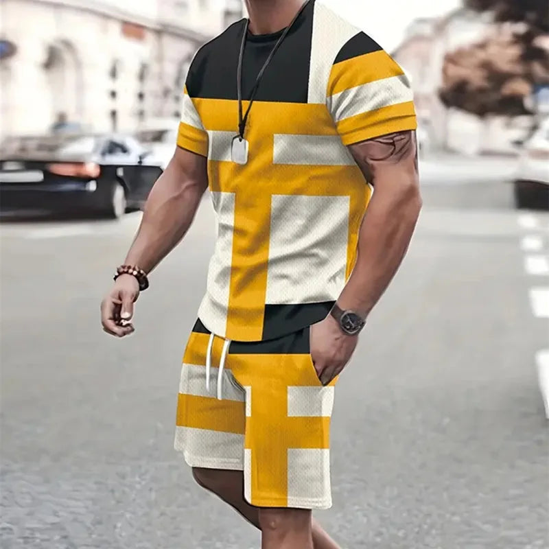2024 Estate Outdoor Sportswear Uomo Patchwork Stampato Pantaloncini a maniche corte Moda casual Due set Sudore assorbente e confortevole
