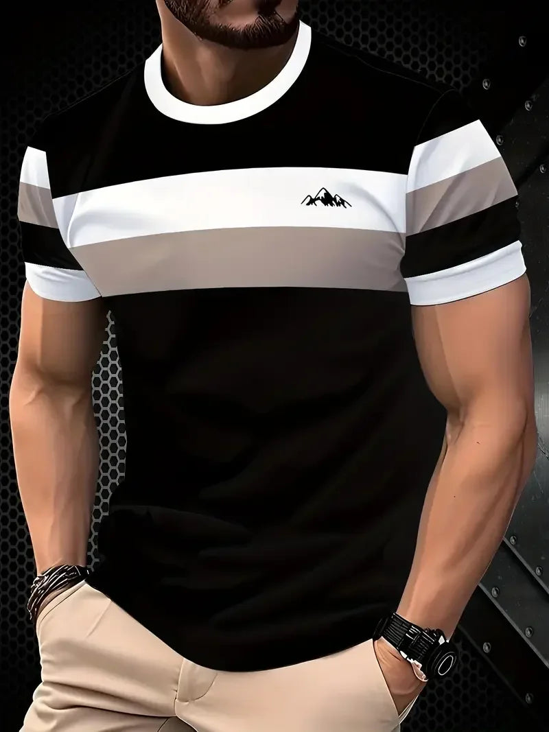 T-shirt classica estiva da uomo: top da esterno a maniche corte con scollo tondo e stampa a righe, maglietta da uomo da strada ampia con aggiunta