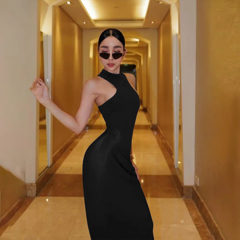 JULISSA MO Abito lungo da donna sexy scollato in raso Abito lungo nero senza maniche a vita alta Donna Autunno Skinny Elegante Party Clubwear