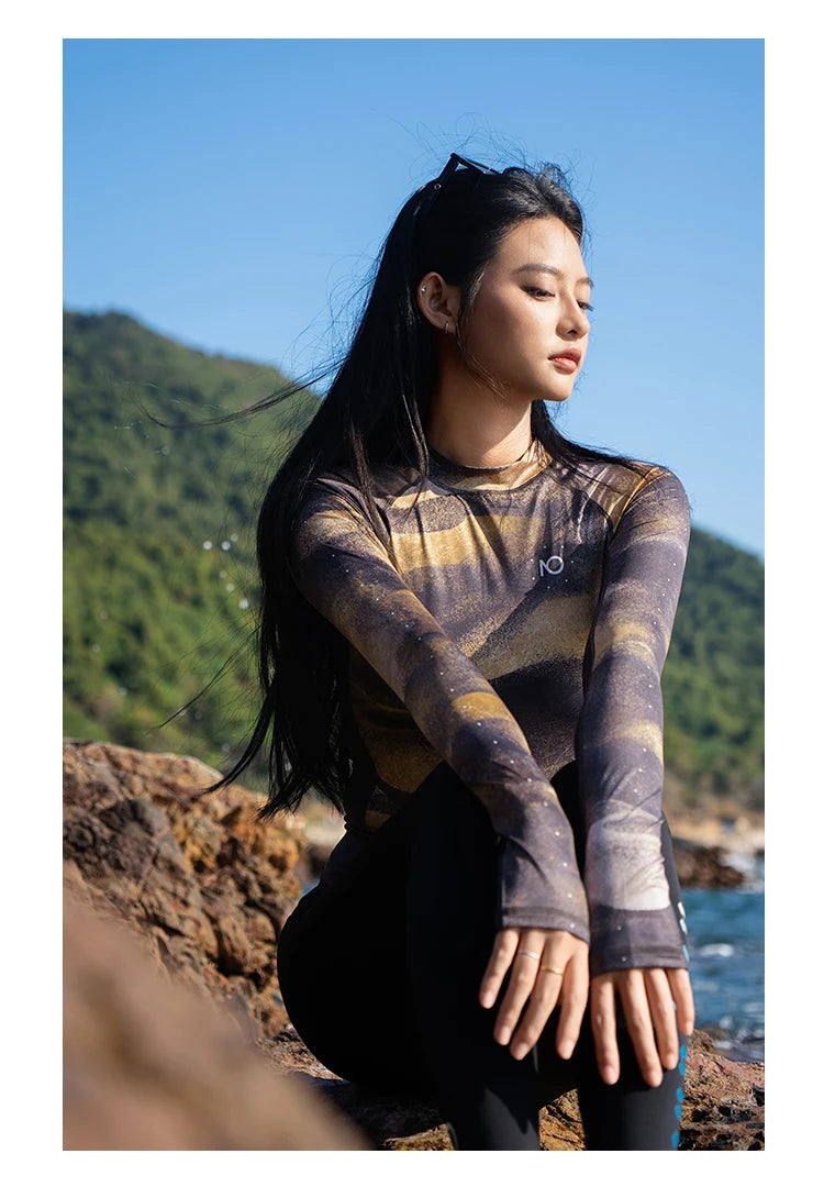 Nuovo Set Rashguard da Donna Nu-June a Maniche Lunghe ad Asciugatura Rapida con Protezione UV, Top da Nuoto con Pantaloncini, Costume da Spiaggia, Surf e Immersione