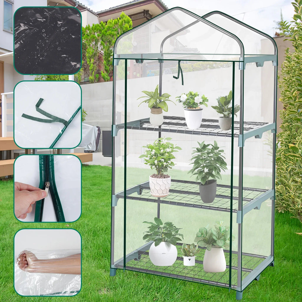 Serra da Giardino a 4 Livelli con Copertura Trasparente, Porte e Finestre, Piccola, Impermeabile, Antigelo, Senza Telaio in Ferro