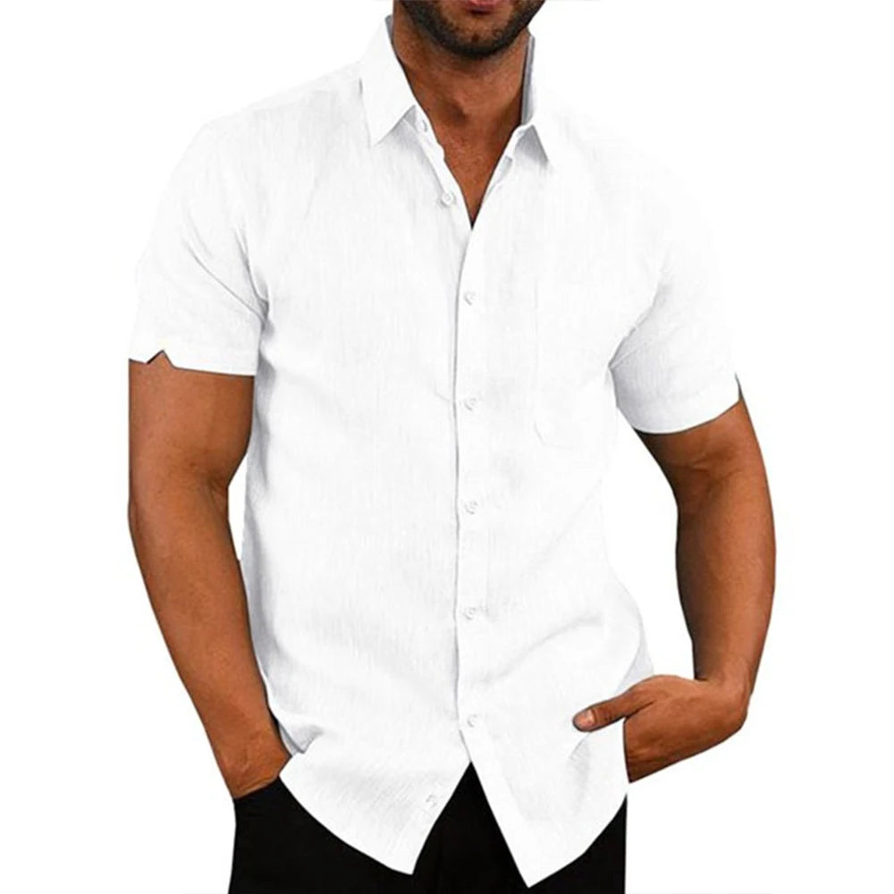 Camicie a maniche corte da uomo in lino di cotone vendita calda tinta unita estiva colletto rovesciato stile spiaggia casual taglie forti