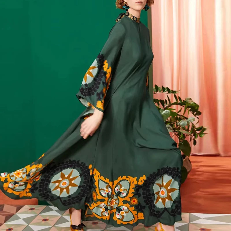 Elegante Abito Lungo a Maniche Lunghe per Feste, Vestito Vintage con Stampa Floreale, Abito Bohémien da Donna con Collo Alto e Vita Alta