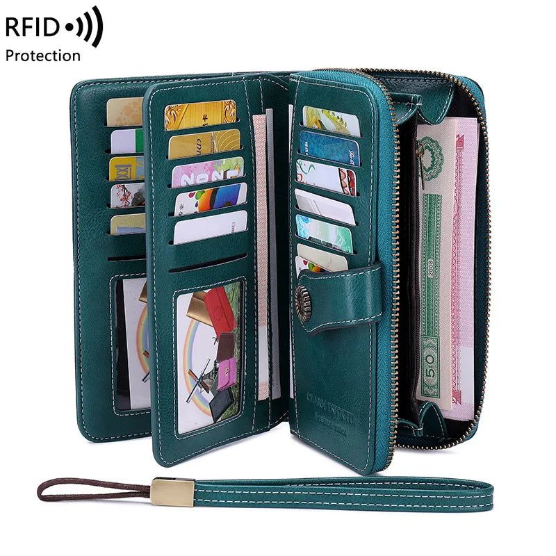 Borsa a mano in pelle cerata con blocco RFID, porta carte di credito multifunzionale a doppia piega, portafoglio da donna lungo retrò di grande capacità