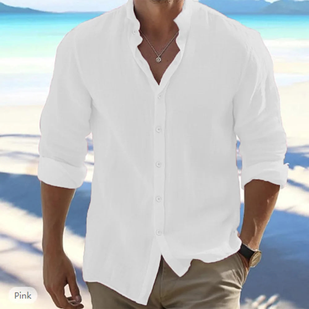 Camicie a maniche lunghe da uomo in lino di cotone vendita calda tinta unita estiva colletto rialzato stile spiaggia casual taglie forti