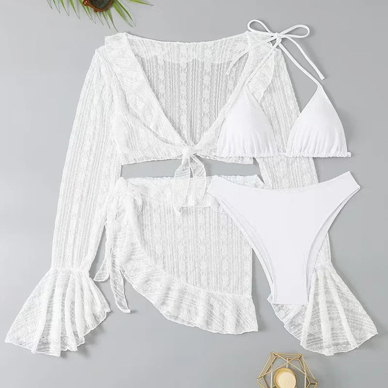 Set bikini da donna in pizzo trasparente con top a triangolo allacciato al collo e gonna da spiaggia con volant - Elegante costume da bagno per le vacanze estive al mare