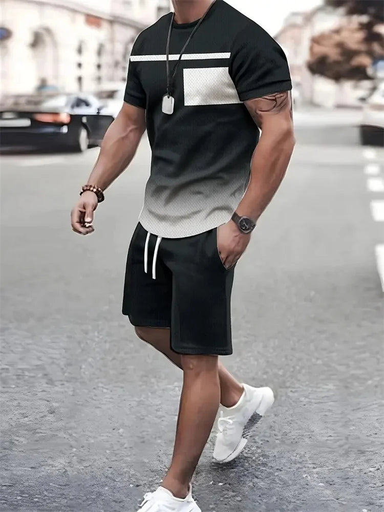 Set Estivo alla Moda per Uomo, T-shirt a Maniche Corte con Stampa 3D e Pantaloncini, Completo Sportivo Casual Due Pezzi
