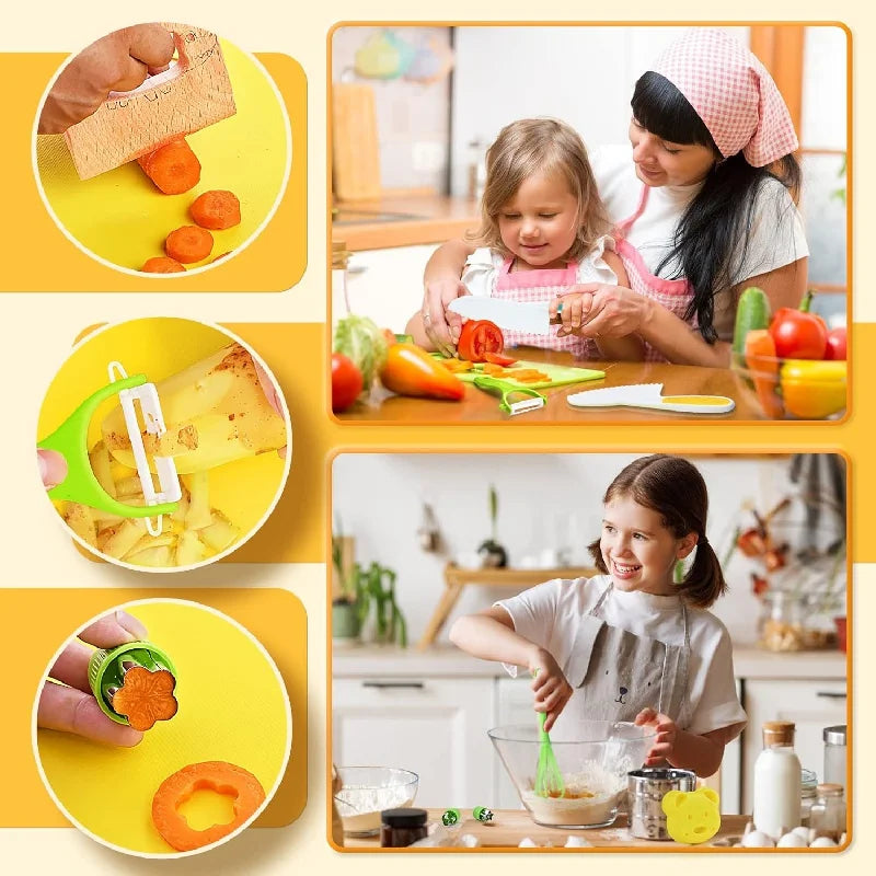 Set di Utensili da Cucina Montessori 11/17 Pezzi, Giocattoli per Cuocere, Coltelli Sicuri per Bambini con Tagliere, Accessori da Cucina Reali per Bambini