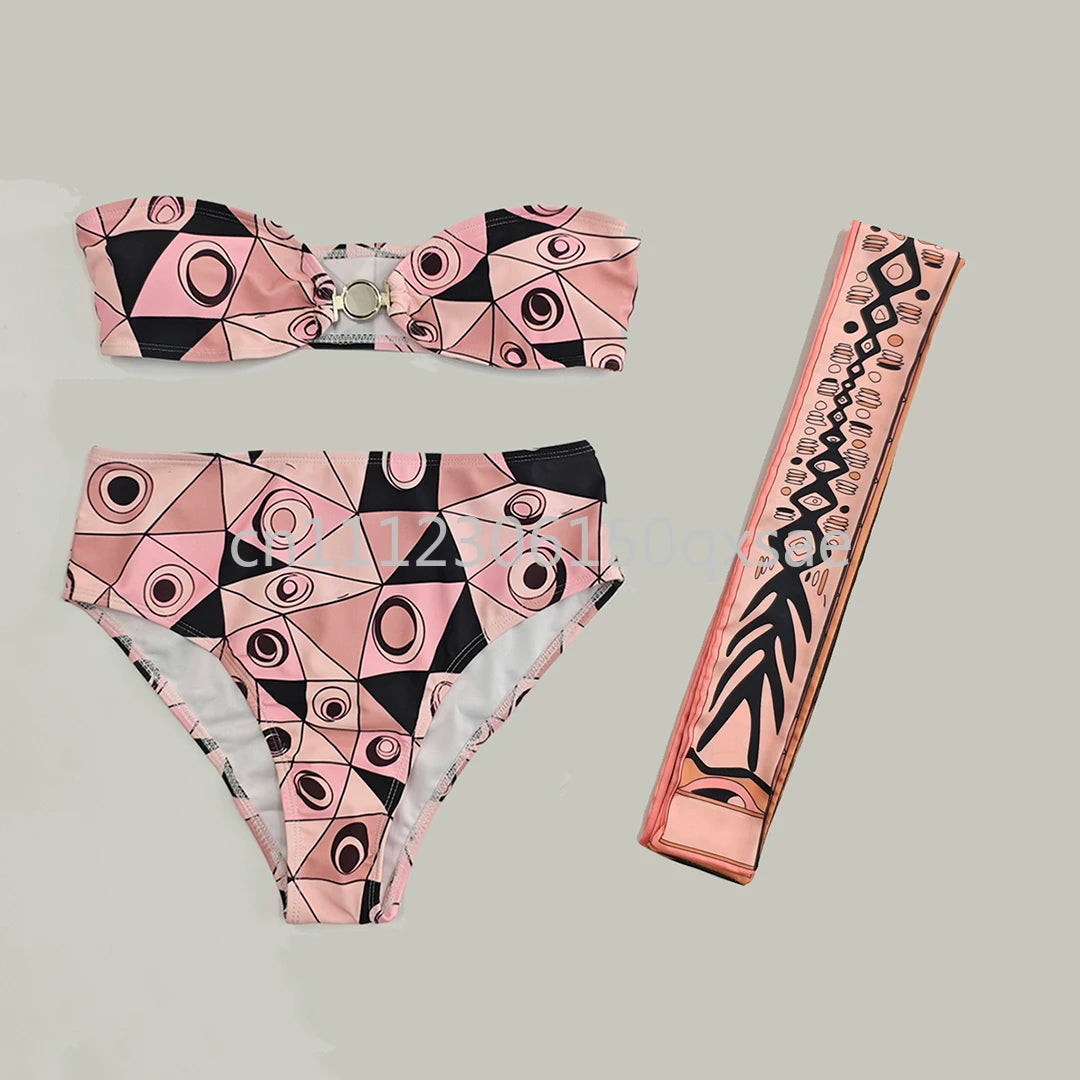 Costumi da bagno da donna rosa con foulard e logo a lettere, set bikini con foulard e fascia per capelli, abbigliamento da spiaggia