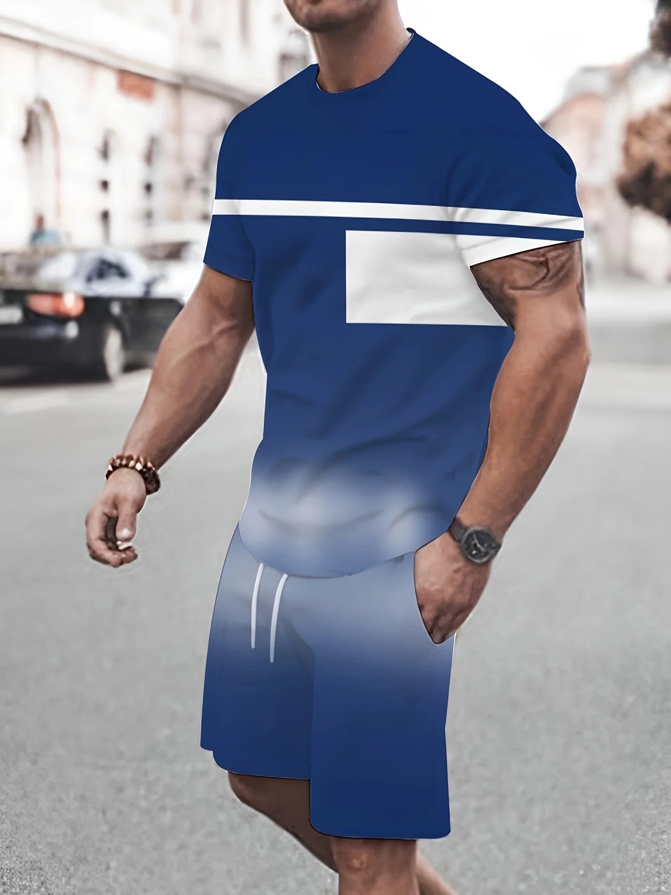 2026 Set da due pezzi casual da uomo di nuovo arrivo estivo 2026 Camicia a maniche corte con stampa a righe e pantaloncini sportivi Set da fitness da uomo