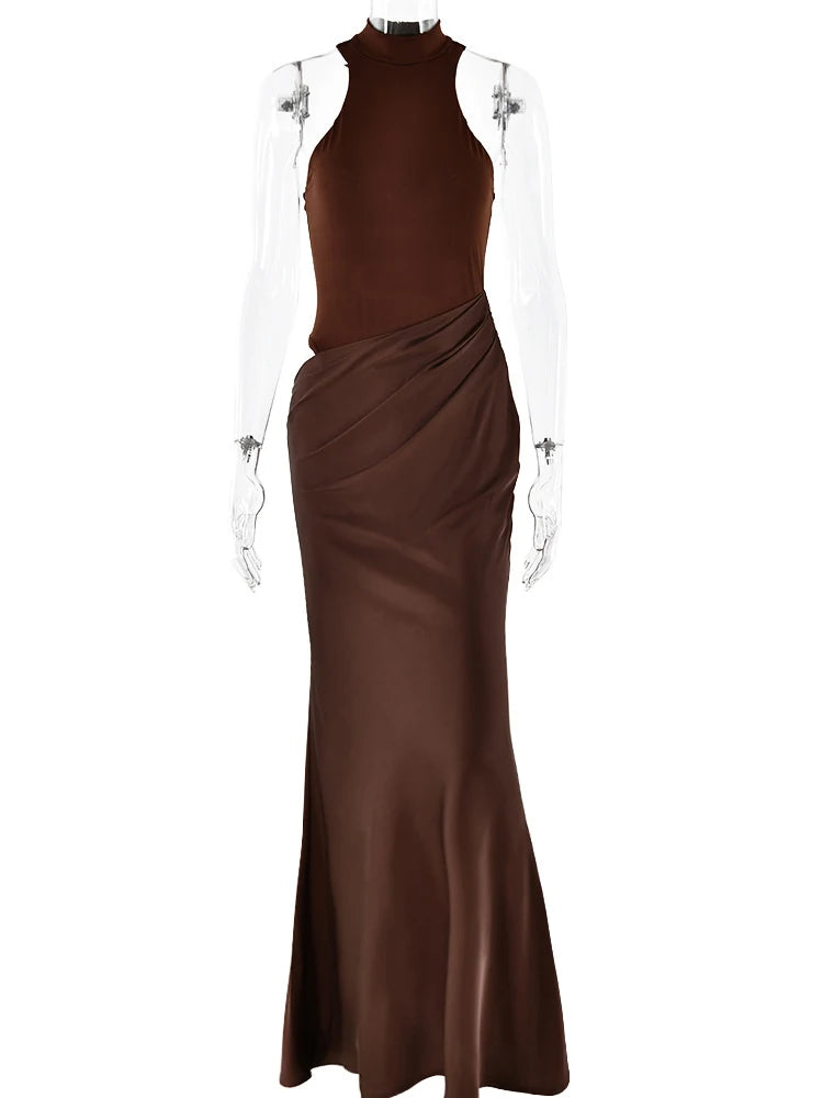 JULISSA MO Abito lungo da donna sexy scollato in raso Abito lungo nero senza maniche a vita alta Donna Autunno Skinny Elegante Party Clubwear