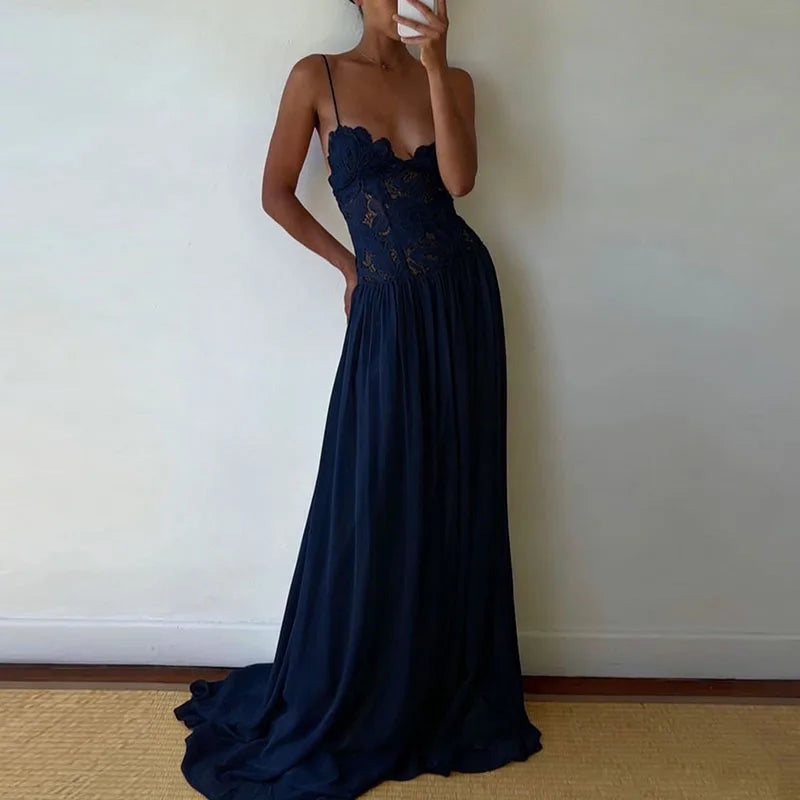 Abito Lungo Estivo Casual in Chiffon con Bretelle, Scollo a V Profondo, Senza Maniche, con Inserti in Pizzo, per Spiaggia e Feste, Primavera Estate