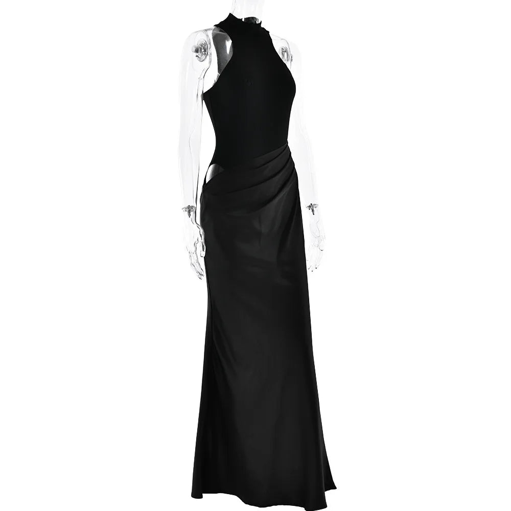 JULISSA MO Abito lungo da donna sexy scollato in raso Abito lungo nero senza maniche a vita alta Donna Autunno Skinny Elegante Party Clubwear