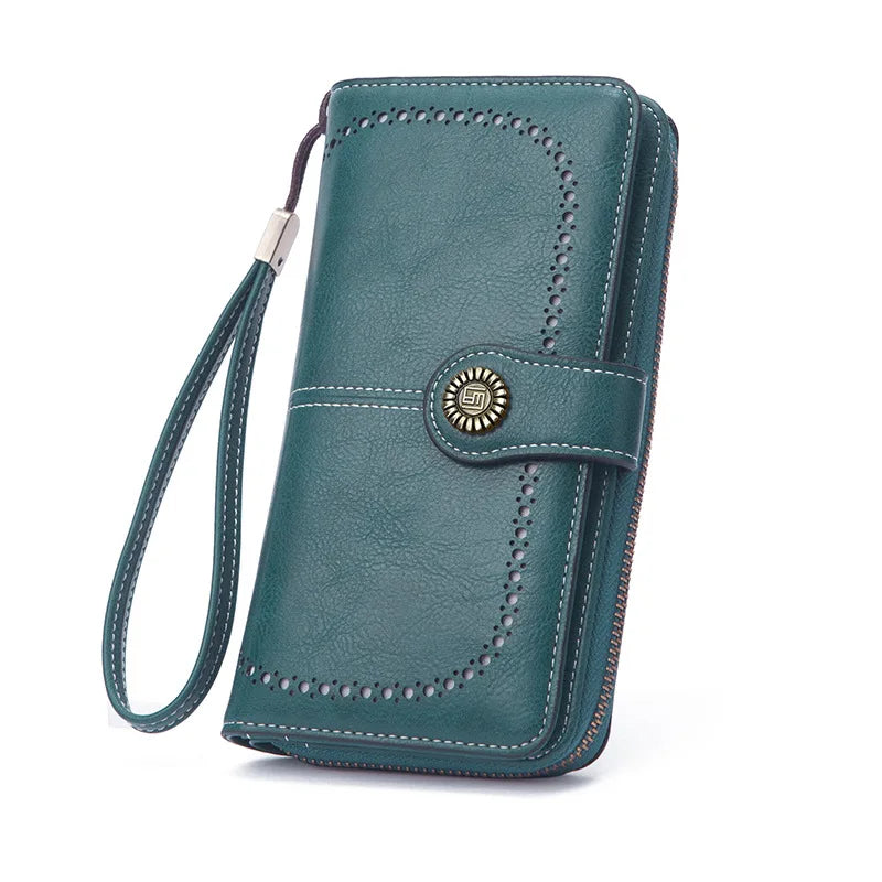 Borsa a mano in pelle cerata con blocco RFID, porta carte di credito multifunzionale a doppia piega, portafoglio da donna lungo retrò di grande capacità