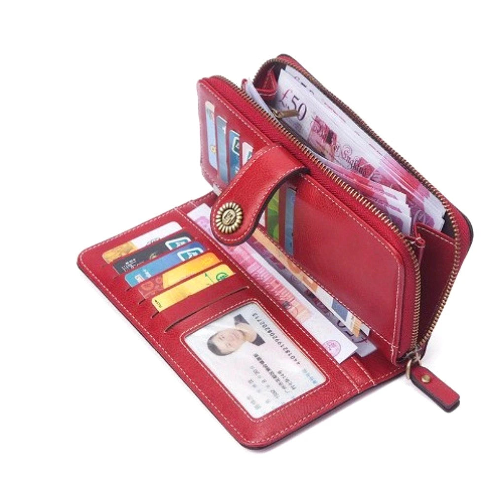 Portafoglio da donna di alta qualità, antifurto, in pelle, con cerniera lunga, grande, pochette da donna, porta carte.