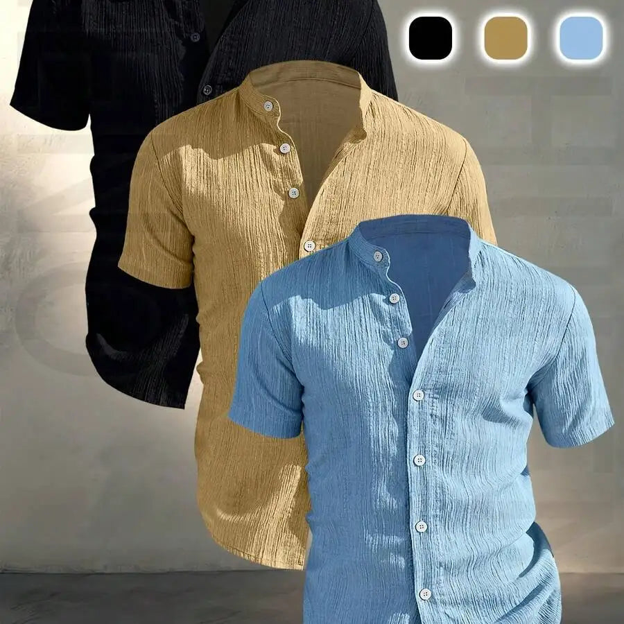 3 pezzi di camicie casual da uomo a maniche corte con colletto rialzato, estive, leggere, traspiranti, tinta unita, con bottoni