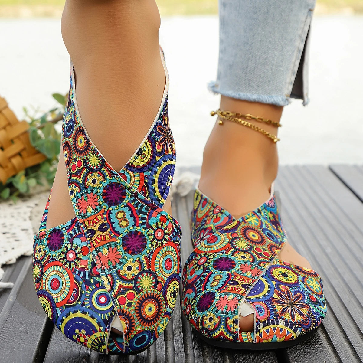 2025 nuove donne sandali moda stampe etniche sandali piatti romani estate stile bohemien scarpe taglie forti donna Zapatos De Mujer