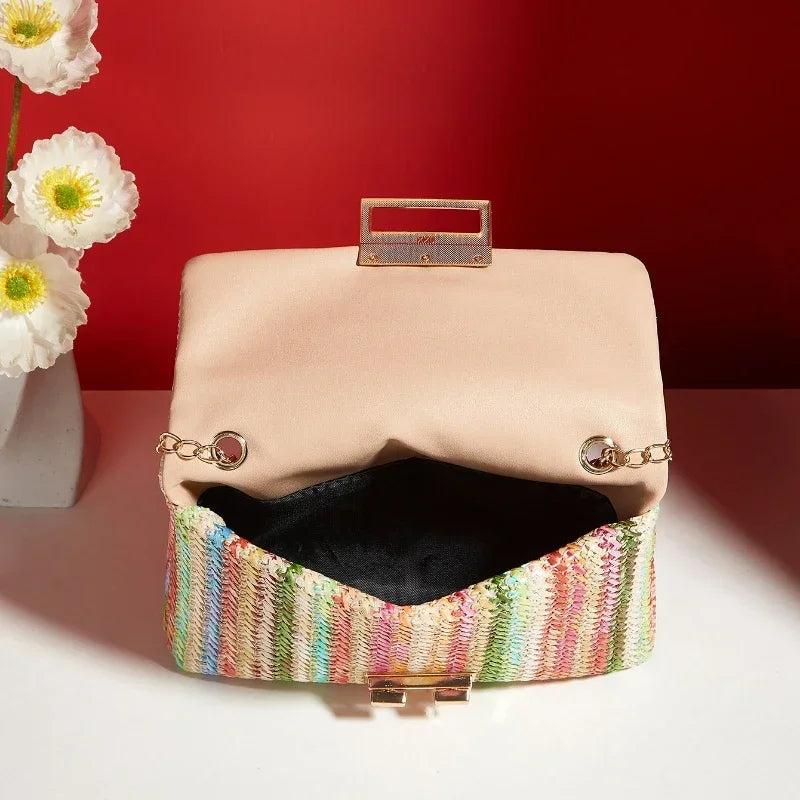 Borsa a mano con pochette in paglia a righe multicolori per donna Borsa a tracolla a tracolla con tracolla da spiaggia estiva in tessuto casual in pelle PU