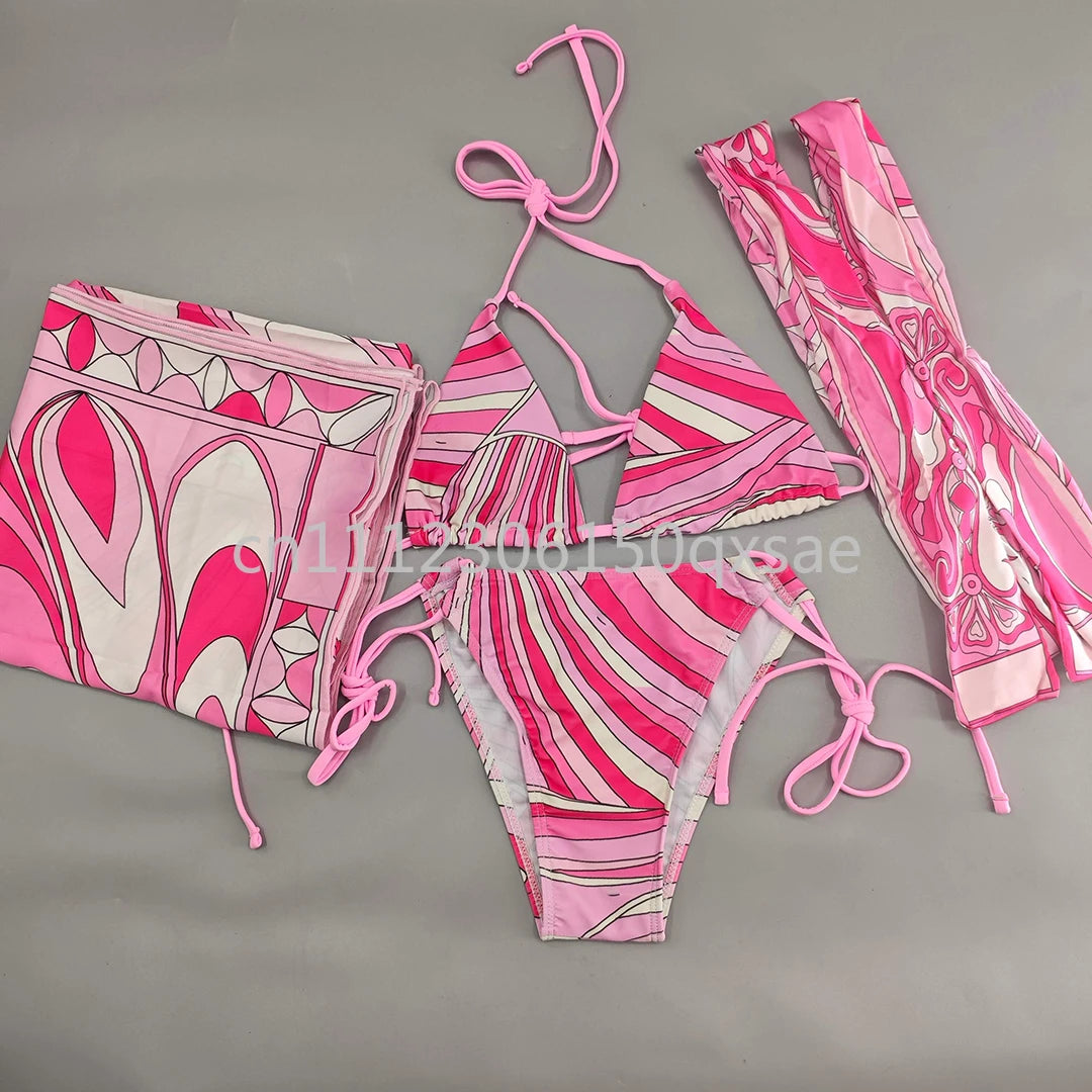 Costumi da bagno da donna rosa con foulard e logo a lettere, set bikini con foulard e fascia per capelli, abbigliamento da spiaggia