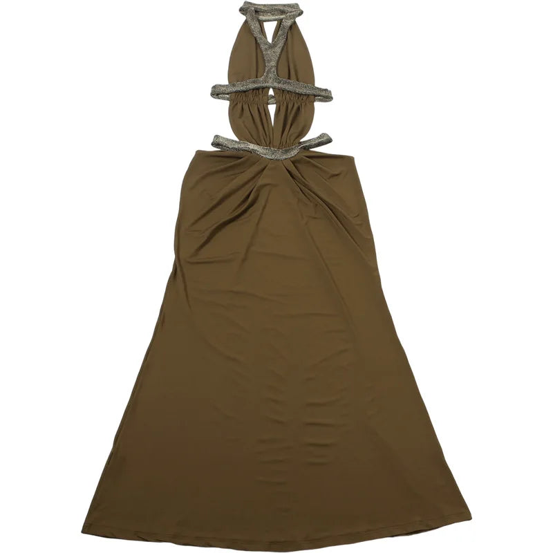 Abito lungo da donna sexy Halter scava fuori senza schienale senza maniche increspato abiti lunghi da sera Party Chic Robe verde viola estivo