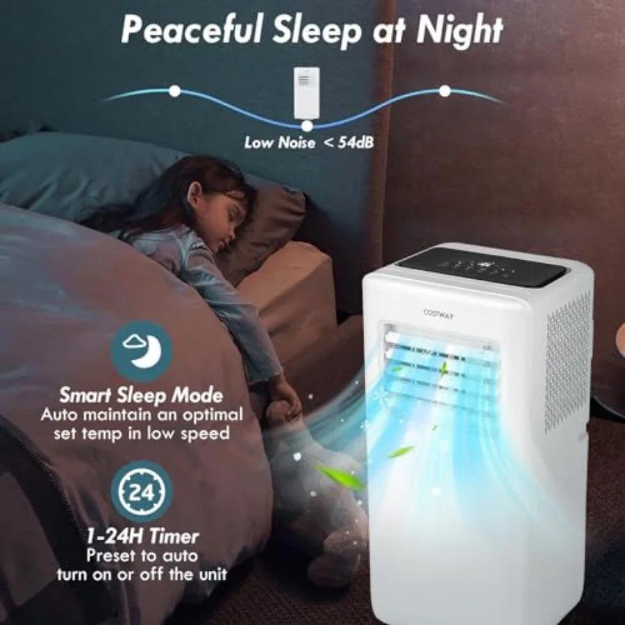 Condizionatore d'aria portatile per uso domestico, corpo in plastica ABS, colore bianco, raffreddamento da 8000 BTU con ventola e deumidificatore, modalità sleep intelligente