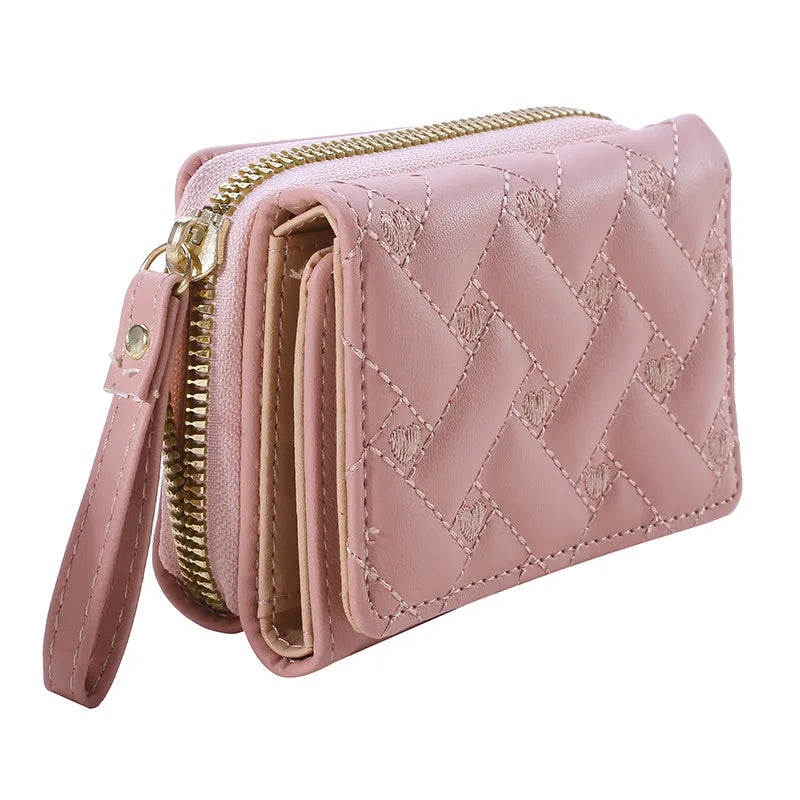 Portafoglio da donna per pelle PU moda ricamato amore tri-fold piccolo portafoglio porta carte portamonete multi-slot per carte interno rosa
