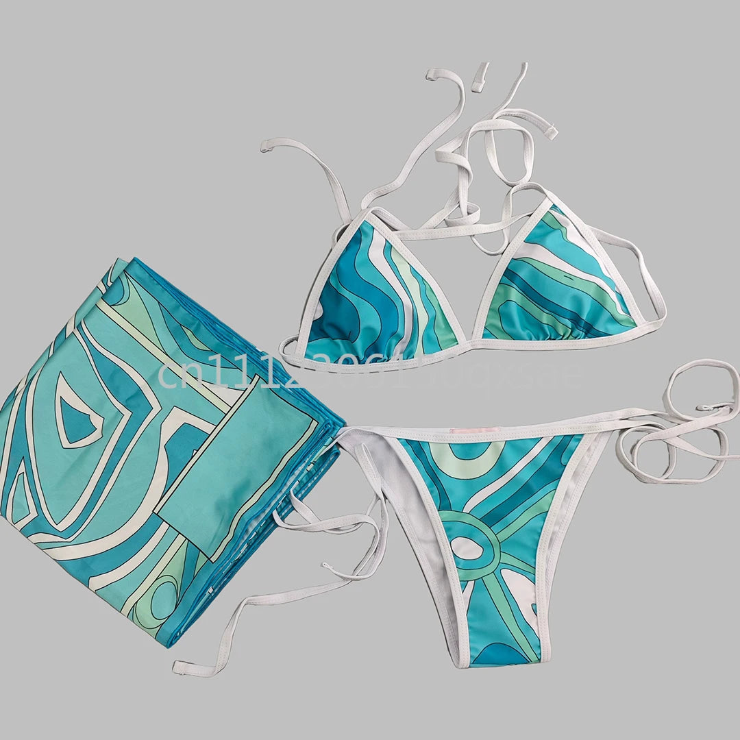 Costumi da bagno da donna rosa con foulard e logo a lettere, set bikini con foulard e fascia per capelli, abbigliamento da spiaggia