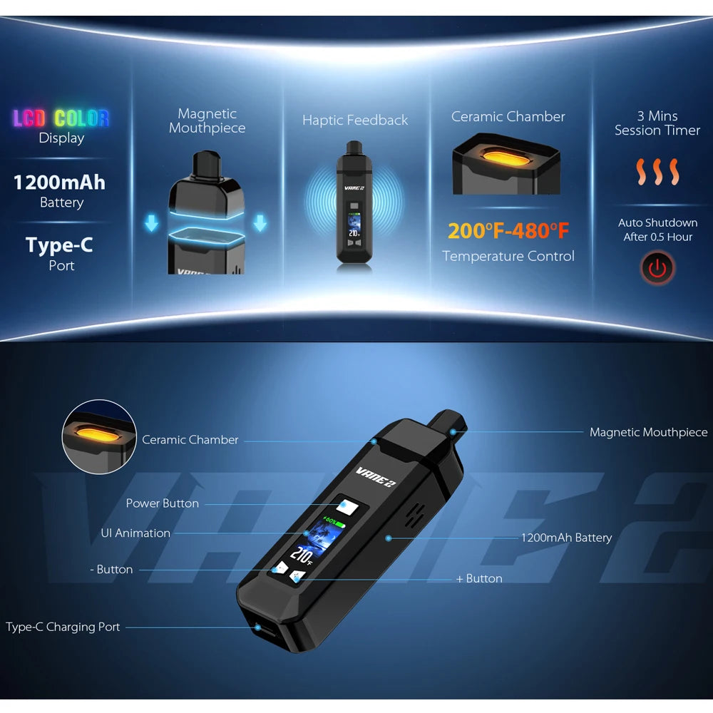 Vaporizzatore per erbe secche originale Yocan Vane 2 Batteria ricaricabile da 1200 mAh Camera in ceramica con display LCD a colori Kit per sigaretta elettronica