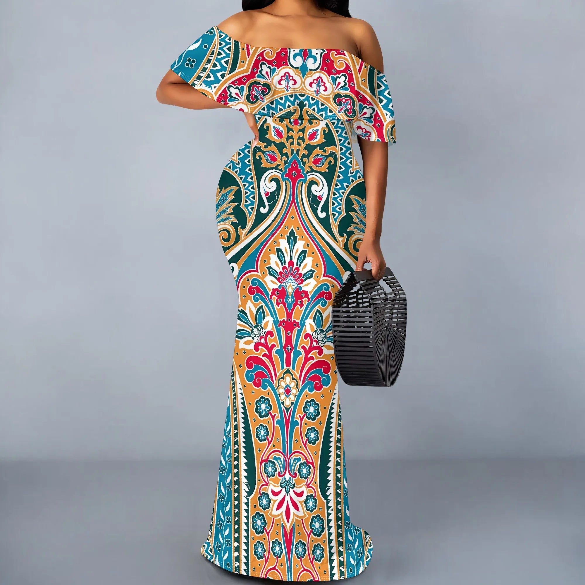 Abito lungo con spalle scoperte con stampa paisley vintage colorata Abiti estivi eleganti per feste taglie forti