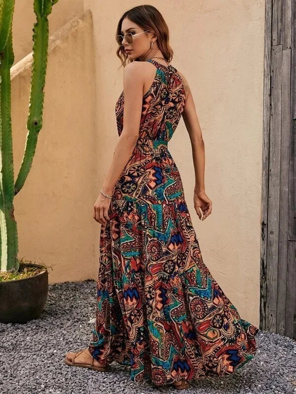 Abito stampato da donna nuovo estivo bohémien Abito lungo lungo lungo fino al pavimento con cerniera retrò bohémien