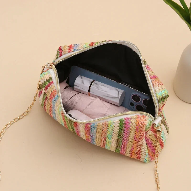 Borsa da donna in paglia lavorata a maglia in rattan Borsa da spiaggia estiva con catena piccola e borsetta Borse a tracolla da donna Borsa con patta dal design da viaggio