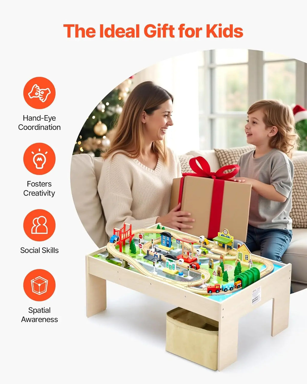 Tavolo da treno, tavolo da attività per bambini in legno da 84 pezzi multicolori con contenitore portaoggetti pieghevole, set di treni in legno 3 in 1 per giochi, D