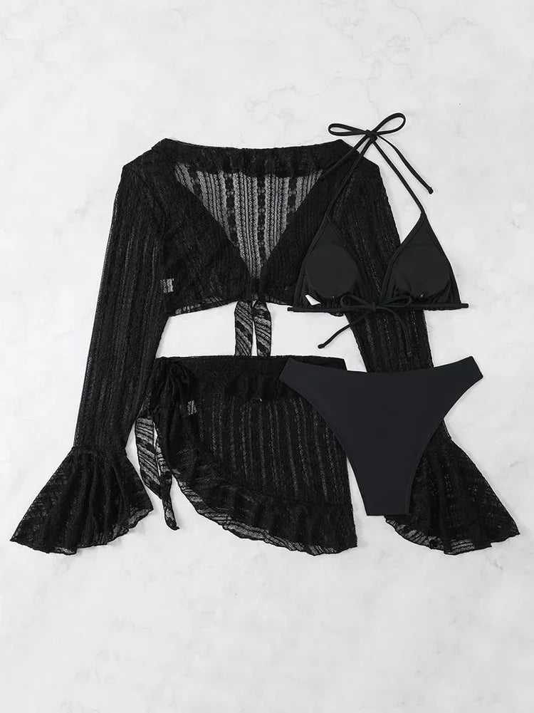 Set bikini da donna in pizzo trasparente con top a triangolo allacciato al collo e gonna da spiaggia con volant - Elegante costume da bagno per le vacanze estive al mare