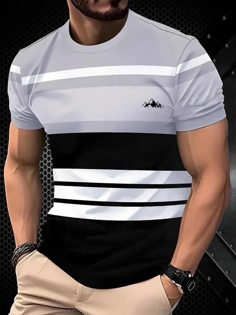T-shirt classica estiva da uomo: top da esterno a maniche corte con scollo tondo e stampa a righe, maglietta da uomo da strada ampia con aggiunta