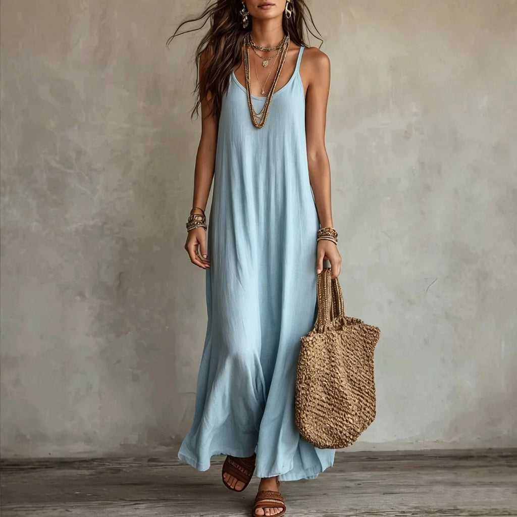 Nuovo Arrivo: Abito Lungo Senza Spalline da Donna, Vestito Casual con Collo a O Senza Maniche, Abito Ampio da Spiaggia e Vacanza, Vestito Lungo Boho